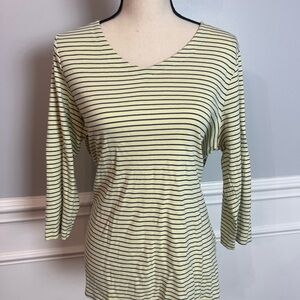 J. Jill 100% Pima Cotton 3/4 Sleeve V Neck Yellow And Blue Stripes Size Large
